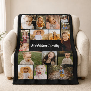 Familie 16 foto collage Zwart Fleece Deken
