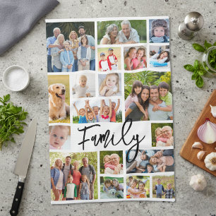 Familie 19 Foto Collage Modern Schrift Theedoek