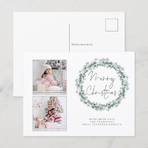 Familie 2 Foto Blauwgroen Wreath Merry-kerstkaart Briefkaart