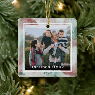 Familie 2 Foto Elegante Waterverf Kerst Keramisch Ornament