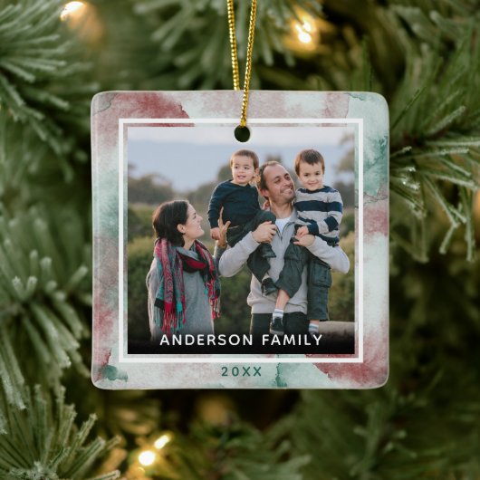 Familie 2 Foto Elegante Waterverf Kerst Keramisch Ornament (Boom)