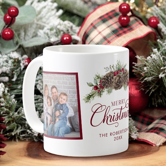 Familie 2 foto Kerstmis Pine Elegant Script Koffiemok