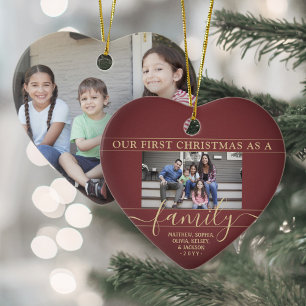 Familie 2 Foto voor eerste kerstmis: Burgundy Red Keramisch Ornament
