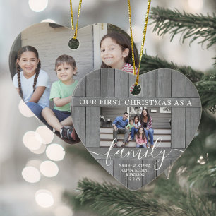 Familie 2 Foto voor eerste Kerstmis: grijs hout Keramisch Ornament