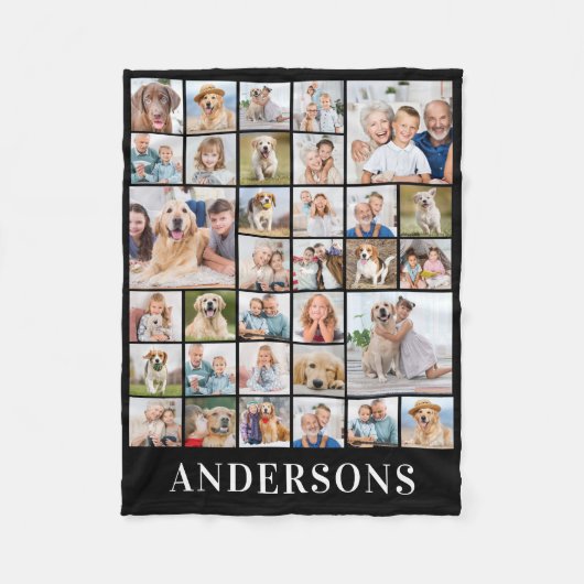 Familie 33 Foto Collage Persoonlijke Naam Zwart Fleece Deken (Voorkant)