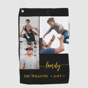 familie 3 foto collage zwart goud script magneet golfhanddoek