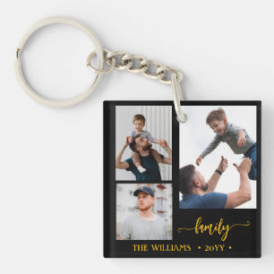 familie 3 foto collage zwart goud script magneet sleutelhanger
