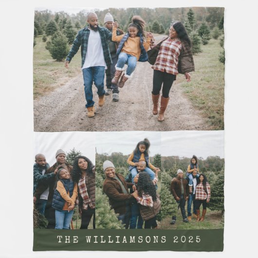 Familie 4 Foto Collage Eigen naam Groen Kerstfeest Fleece Deken (Voorkant)