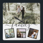 Familie 4 foto collage op maat vierkante klok<br><div class="desc">Uniek aangepast op maat van u - 4 sjabloon voor fotocollage met details voor typografie - de muurklok van de familie van Ricaso</div>