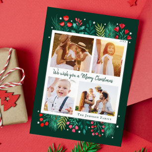 Familie 4 Fotocollage Waterverf Foliage Feestdagenkaart