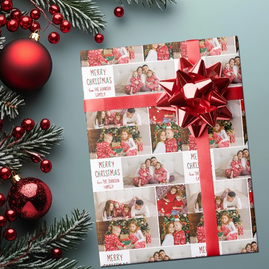 Familie 5 Foto Collage Rood Groen Vrolijk Kerstfee Cadeaupapier