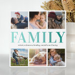 Familie 6 Foto Collage Fotoplaat<br><div class="desc">Bewerkbare fotoplaque met een witte achtergrond voor de film die kan worden gewijzigd in elke kleur,  6 vierkante afbeeldingen,  het woord "FAMILIE" in een stijlvolle blauwgroen verlooplettertype,  plus de jouwe,  uw partners en de namen van kinderen.</div>