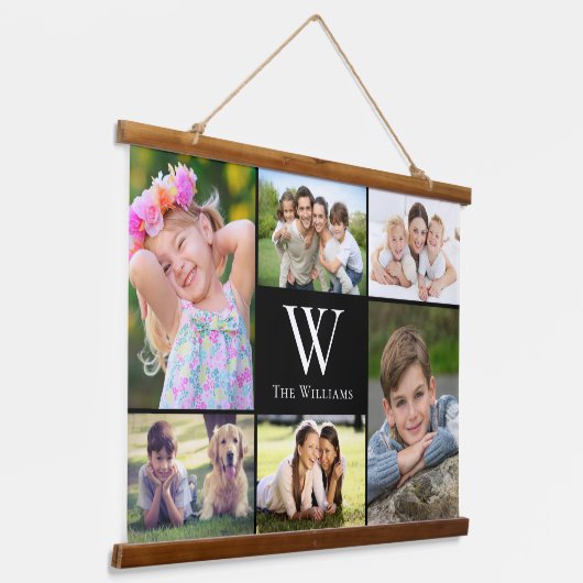 Familie 6 Foto Collage Monogram Black Hangend Wandkleed (Gebogen)