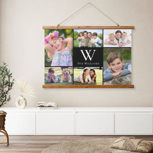 Familie 6 Foto Collage Monogram Black Hangend Wandkleed