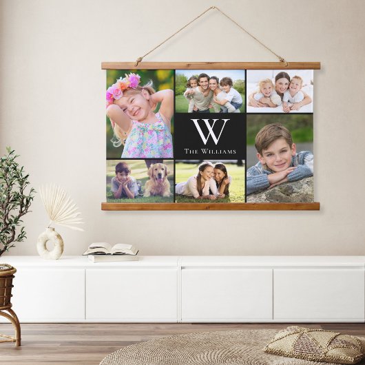 Familie 6 Foto Collage Monogram Black Hangend Wandkleed