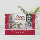 Familie 6 Foto Collage Red Snowflakes Kerstmis Feestdagenkaart (Staand voorkant)