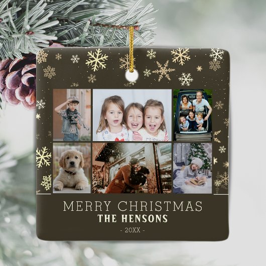 Familie 6 Foto Collage Snowflakes Merry Kerstry Keramisch Ornament