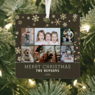 Familie 6 Foto Collage Snowflakes Merry Kerstry Metalen Ornament