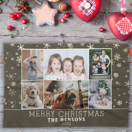 Familie 6 Foto Collage Snowflakes Merry Kerstry Theedoek