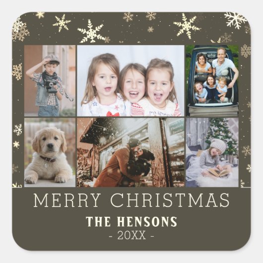Familie 6 Foto Collage Snowflakes Merry Kerstry Vierkante Sticker (Voorkant)