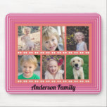 Familie 6 Fotocollage Roze Muismat<br><div class="desc">Dit ontwerp van de muismat is een perfect fotocadeau voor elk gezinslid. Met de 6 foto lijst collage kunt u al uw favoriete familiefoto's toevoegen. Personaliseer deze felroze en oranje muismat met uw familienaam.</div>