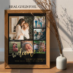 Familie 6 fotocollage welkom nieuwe baby folie afdrukken<br><div class="desc">Elegant modern welkom goud folie handgeschreven kalligrafie script met zes aangepaste familie foto's massief zwart keepsake poster sjabloon. Personaliseer het met de pasgeboren naam en statistieken. Houd er rekening mee dat de achtergrondkleur kan worden gewijzigd. Als u de optie AANPASSEN hebt geselecteerd, kunt u het zwart door een andere kleur...</div>
