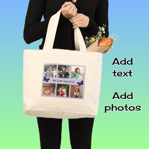 Familie 6 foto's aangepaste tekst blauw lijst vlin grote tote bag