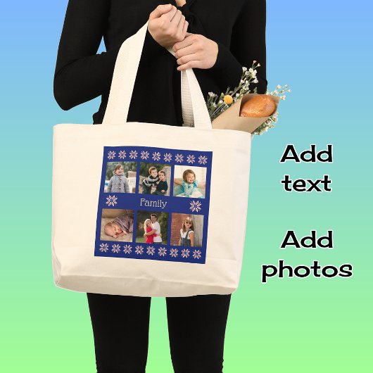 Familie 6 foto's aangepaste tekst navy lijst winte grote tote bag