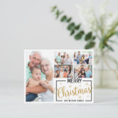 Familie 7 Fotocollage Wit Goud Vrolijk Kerstfeest Feestdagenkaart (Staand voorkant)