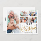 Familie 7 Fotocollage Wit Goud Vrolijk Kerstfeest Feestdagenkaart (Voorkant / Achterkant)