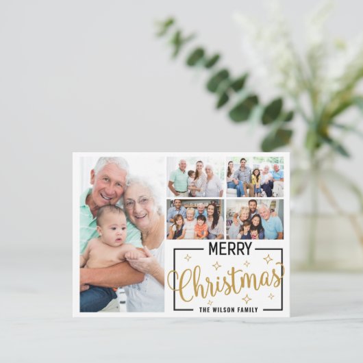 Familie 7 Fotocollage Wit Goud Vrolijk Kerstfeest Feestdagenkaart (Staand voorkant)