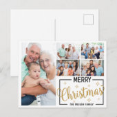 Familie 7 Fotocollage Wit Goud Vrolijk Kerstfeest Feestdagenkaart (Voorkant / Achterkant)