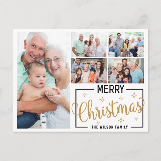 Familie 7 Fotocollage Wit Goud Vrolijk Kerstfeest Feestdagenkaart (Voorkant)