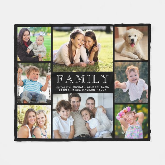 Familie 8 Foto Collage Black Fleece Deken (Voorkant (Horizontaal))