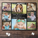 Familie 8 Foto Collage Black Legpuzzel<br><div class="desc">Een leuke zwarte legpuzzel voor familie spel nachten met een 8 foto collage van uw kinderen,  andere familieleden,  huisdieren,  etc.,  uw familienaam in elegante witte letters en ieders voornamen in moderne witte typografie.</div>