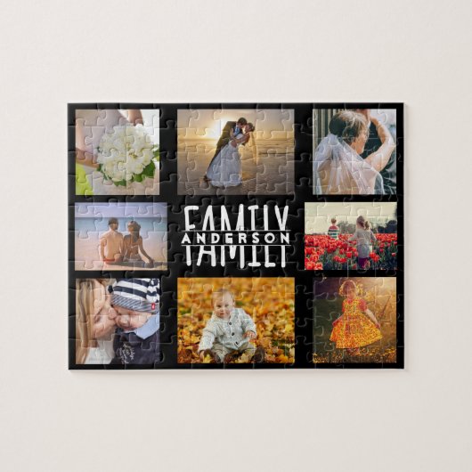 Familie 8 Foto Collage en Naam DIY Sjabloon Black Legpuzzel (Horizontaal)