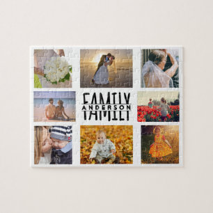 Familie 8 Foto Collage en Naam DIY Sjabloon White Legpuzzel