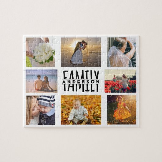 Familie 8 Foto Collage en Naam DIY Sjabloon White Legpuzzel (Horizontaal)