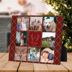Familie 8 foto collage monogram naam rood geruit fotoplaat