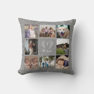 Familie 8 foto collage monogram naam rustieke jute kussen