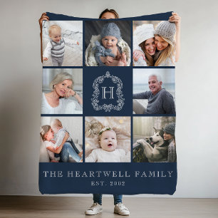 Familie 8 Foto Collage Monogram Wapenschild Marine Fleece Deken