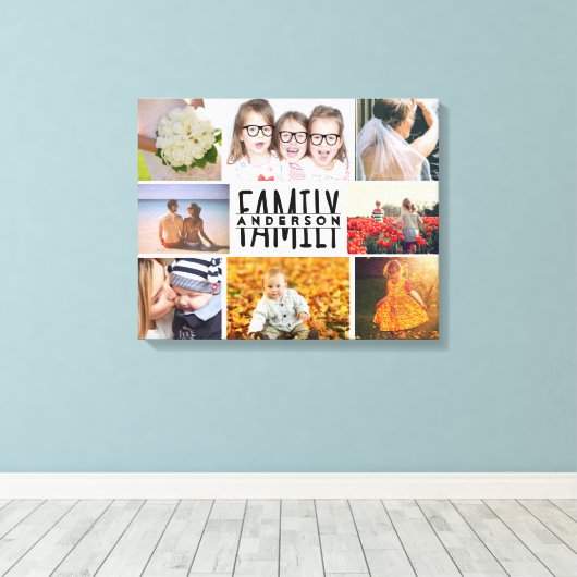 Familie 8 Foto Collage Sjabloon Plus Naam V1 toevo Canvas Afdruk (Insitu (Houten vloer))