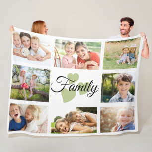 Familie 8 Foto Spring White Green Hearts Fleece Deken
