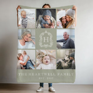 Familie 8 Fotocollage Monogram Crest Sage Groen Fleece Deken