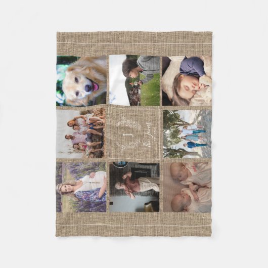 Familie 8 Fotocollage monogram naam rustic burlap Fleece Deken (Voorkant)