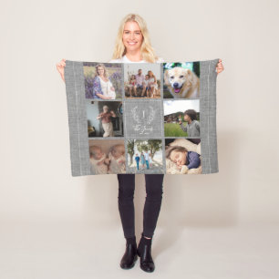 Familie 8 Fotocollage monogram naam rustic burlap Fleece Deken