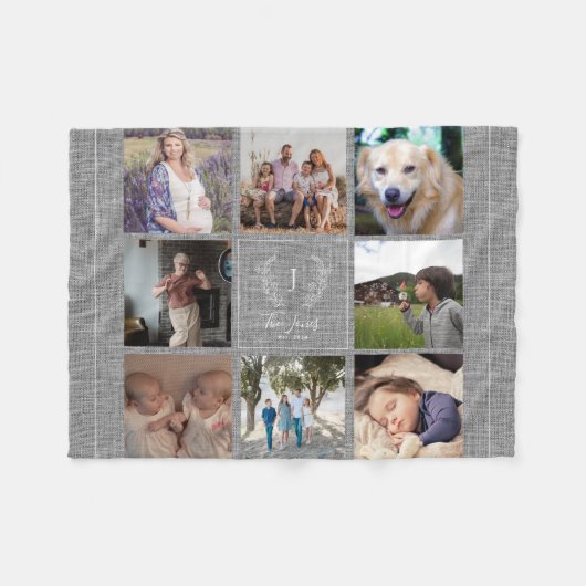 Familie 8 Fotocollage monogram naam rustic burlap Fleece Deken (Voorkant (Horizontaal))
