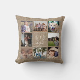 Familie 8 Fotocollage monogram naam rustic burlap Kussen