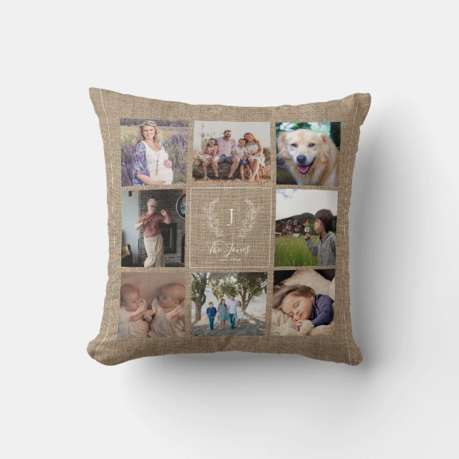 Familie 8 Fotocollage monogram naam rustic burlap Kussen (Voorkant)