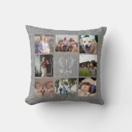 Familie 8 Fotocollage monogram naam rustic burlap Kussen